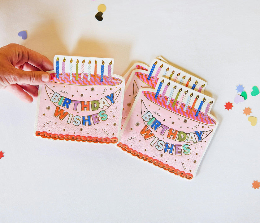 Packed Party Birthday Wishes Die-Cut Birthday Cake Napkins 20ct - Gold Foil Shaped 3-Ply Celebration Napkins for Dessert Tables