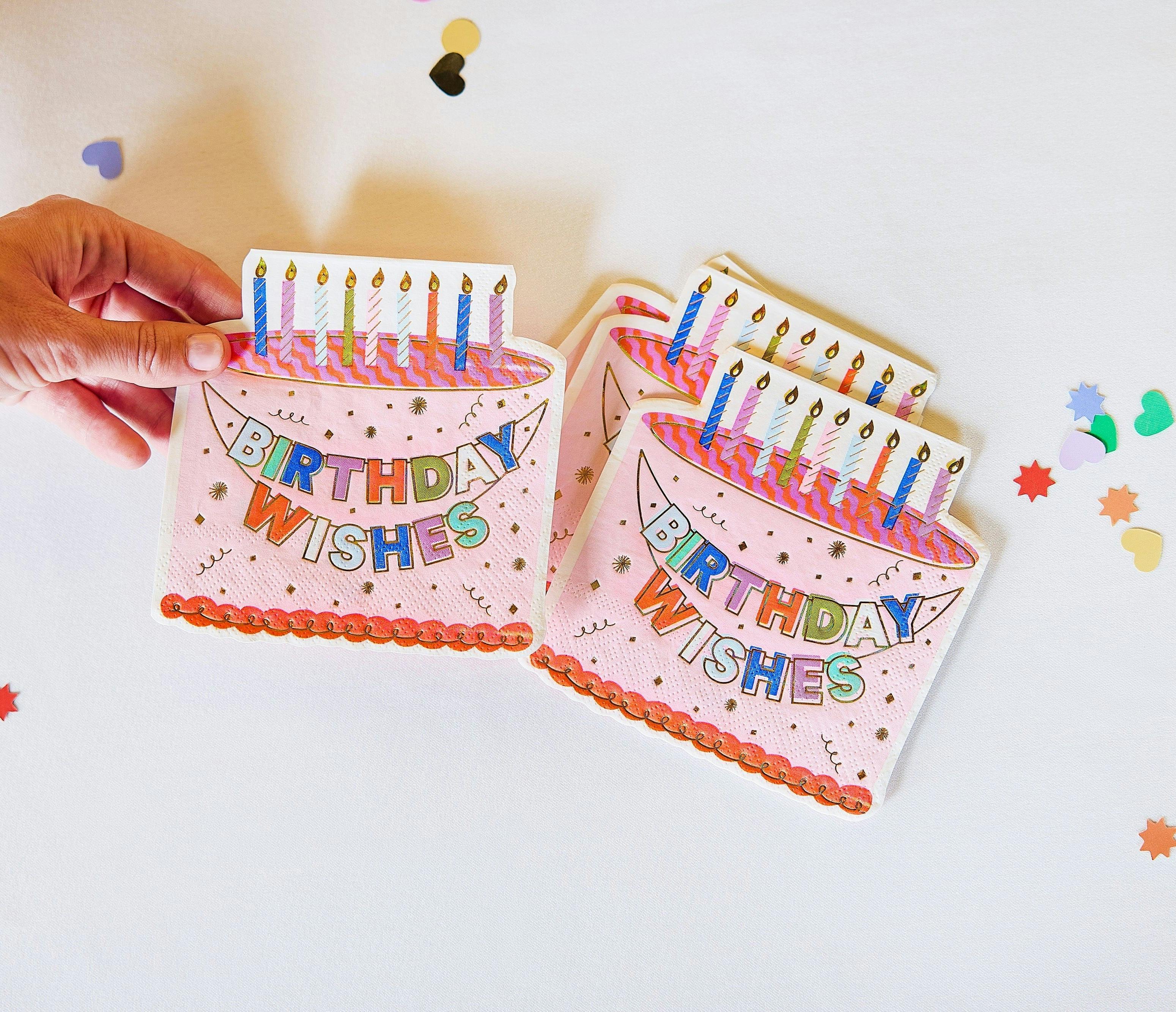 Packed Party Birthday Wishes Die-Cut Birthday Cake Napkins 20ct - Gold Foil Shaped 3-Ply Celebration Napkins for Dessert Tables