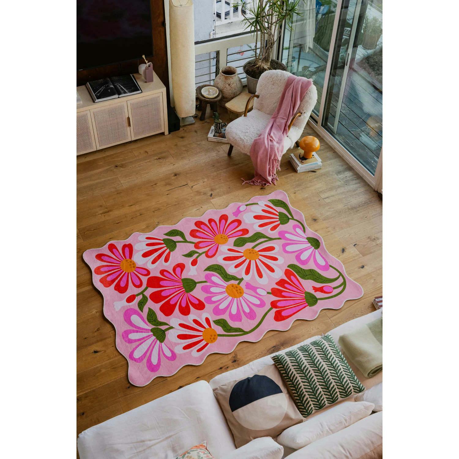Pink Base Pink Floral Wavy Rug by Jessica Miller