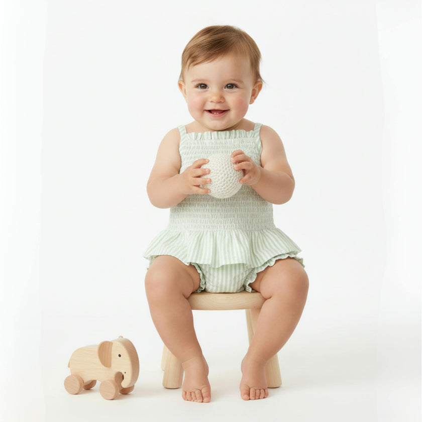 Organic Smocked Top And Bloomer Set - Basil Stripes