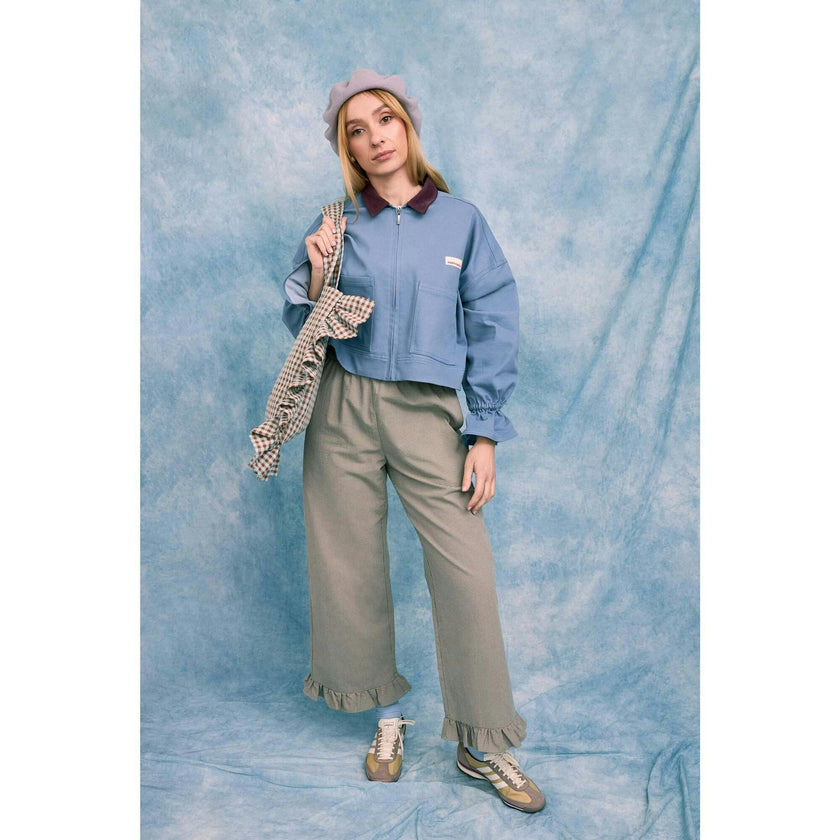 women's vichy frilled pants - foggy brown