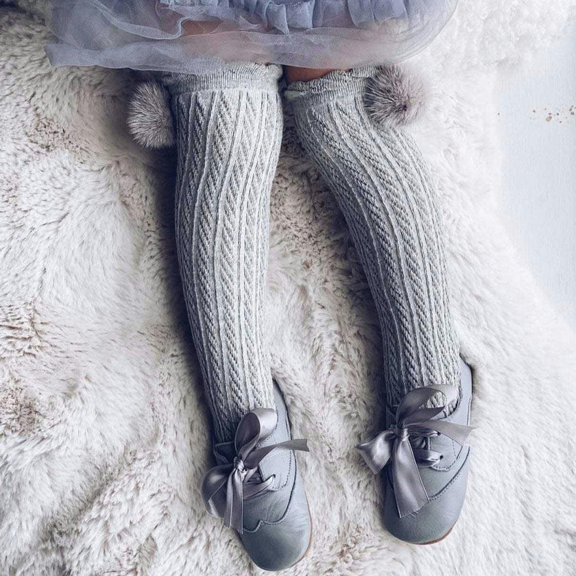 Grey Knee High Socks with Poms