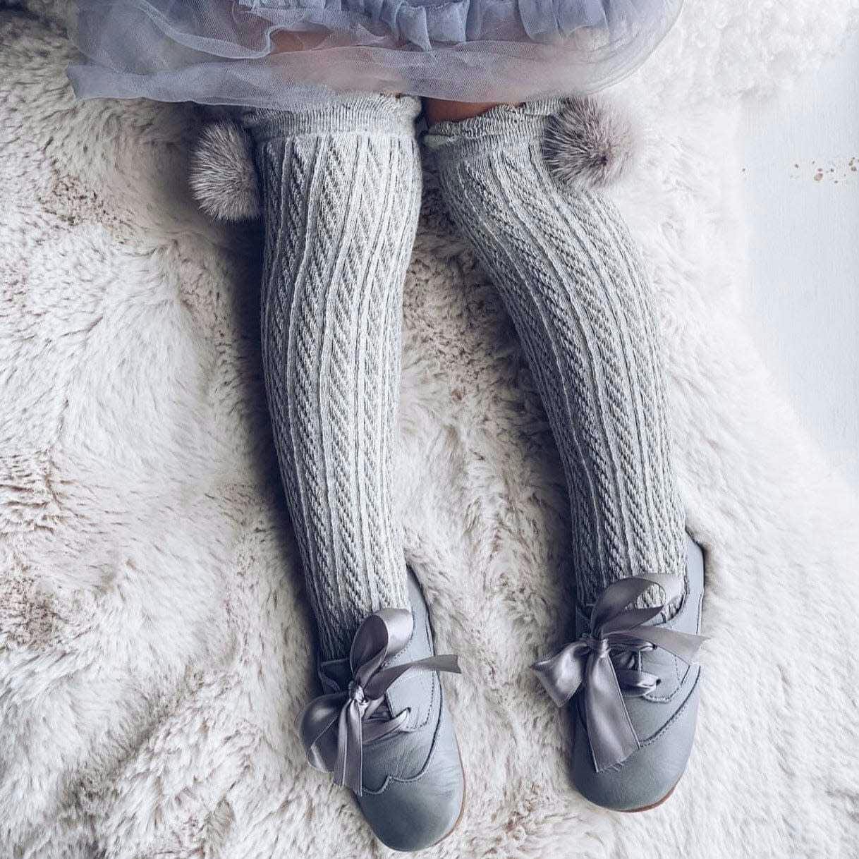 Grey Knee High Socks with Poms