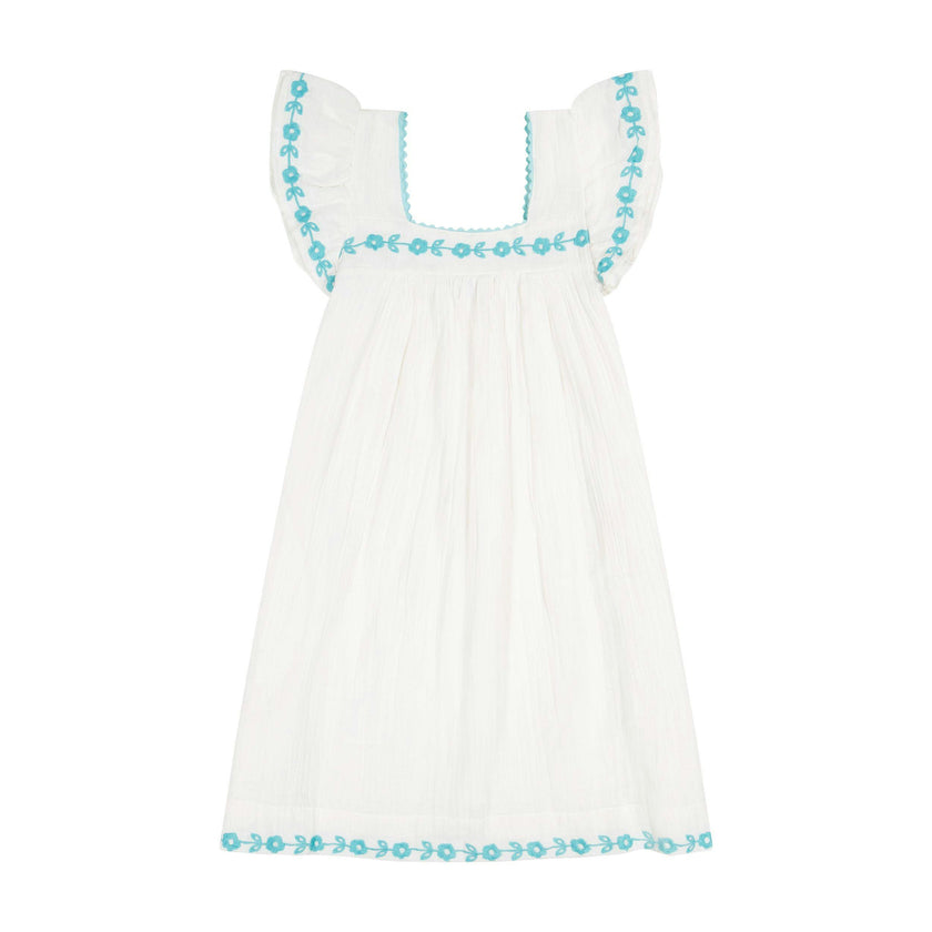 Mini Sandrine Womens Dress Aqua Floral Embroidery, Aqua Floral Embroidery