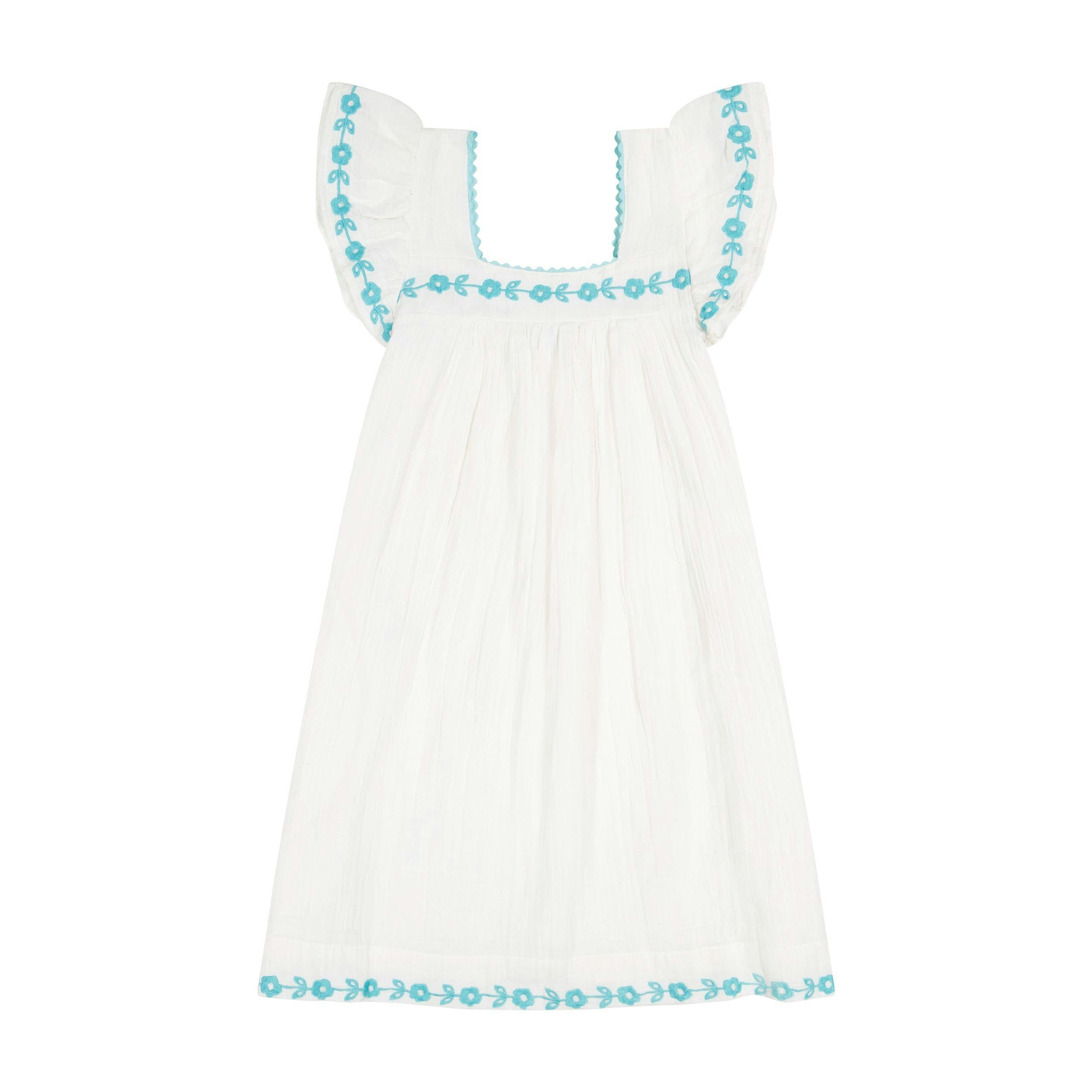 Mini Sandrine Womens Dress Aqua Floral Embroidery, Aqua Floral Embroidery