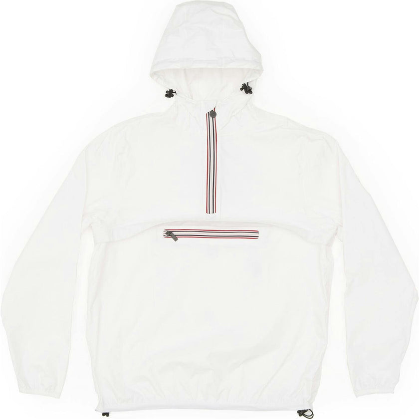 White quarter zip packable rain jacket and windbreaker