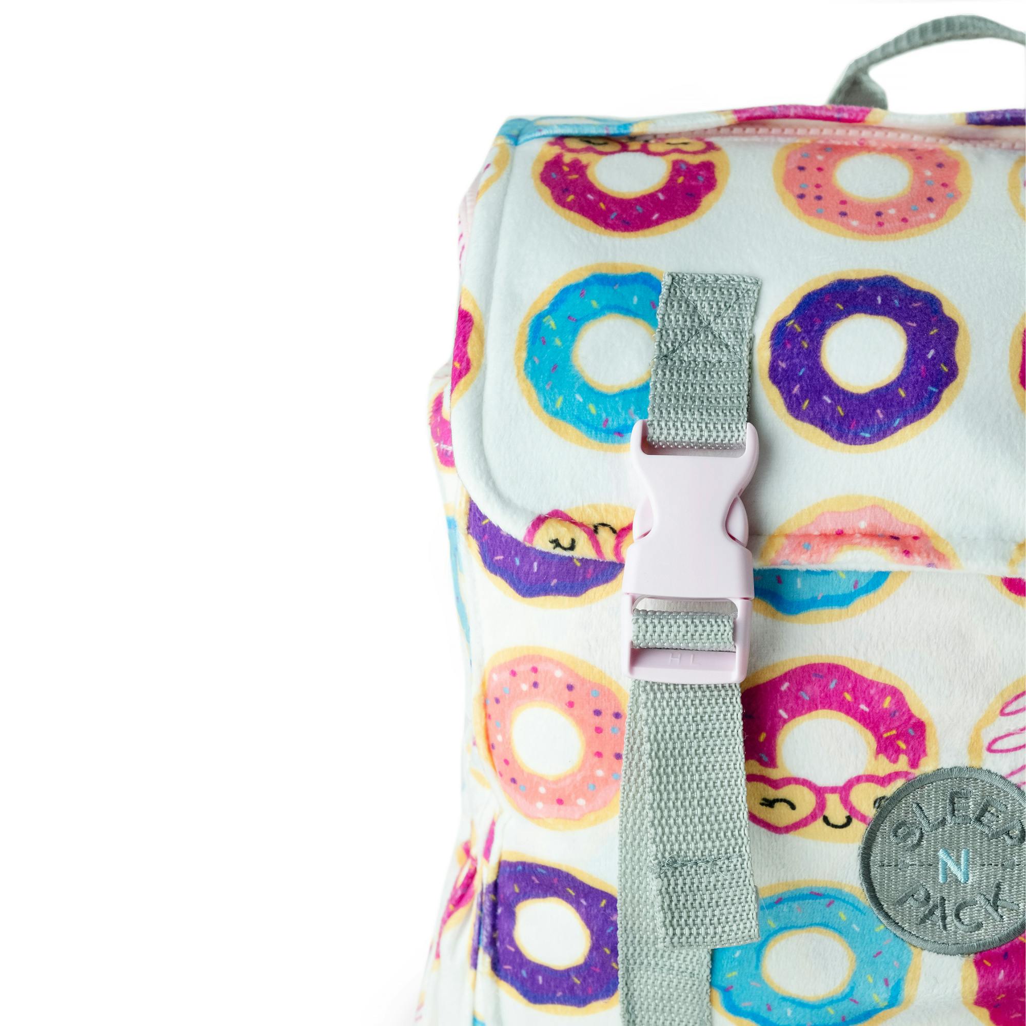 Sleep-n-Pack: Packable Little Kid's Sleeping Bag & Backpack, Cozy Mink, Donuts