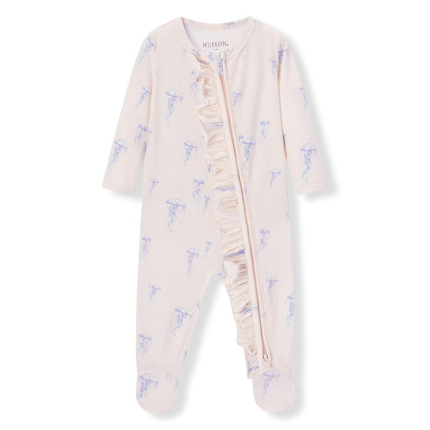 Sunset Jellyfish Cotton Stretch Ruffle Footed Romper