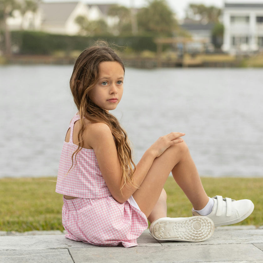 Girl's Scalloped Skort Set in Pink Sand Gingham