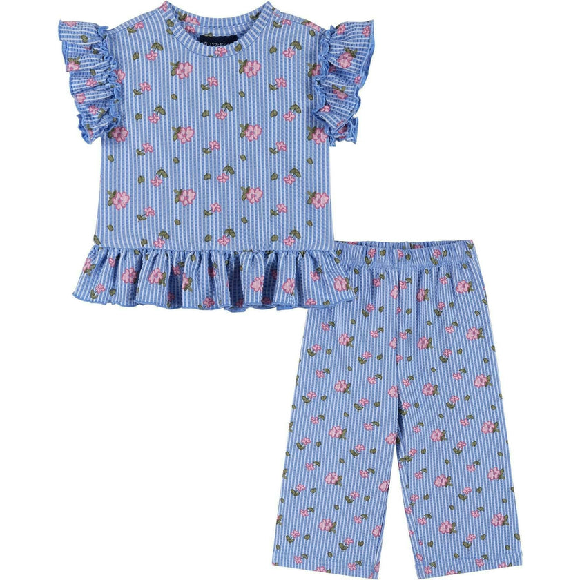 Infant Girls Knit Seersucker Top & Pant Set | Blue Floral