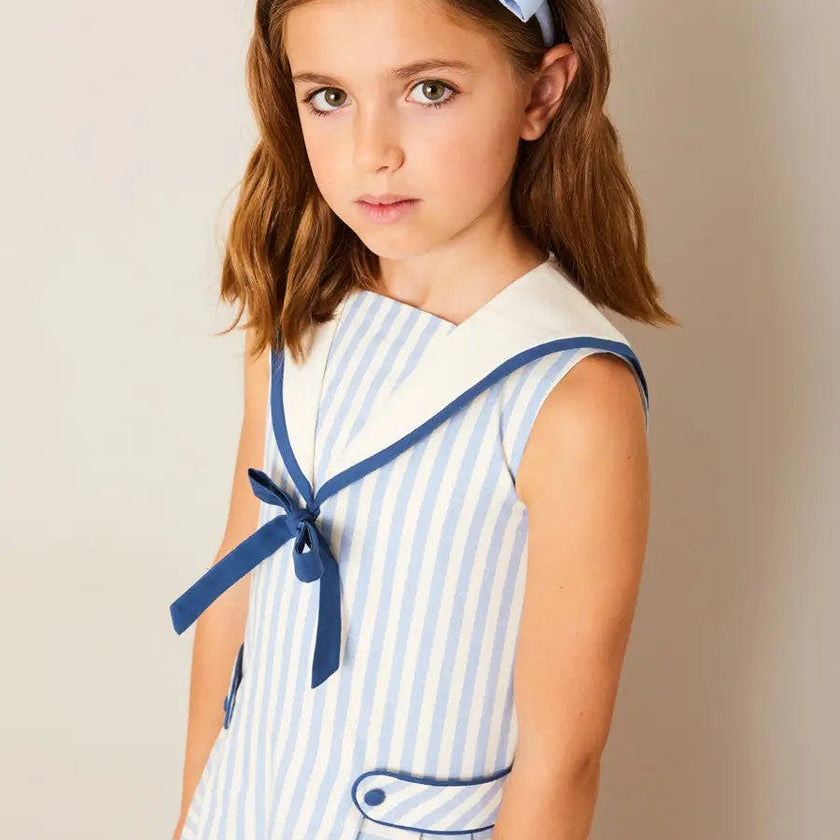 Regency Striped Mariner Collar Pleated Sleeveless Dress in Blue (12mths-10yrs)