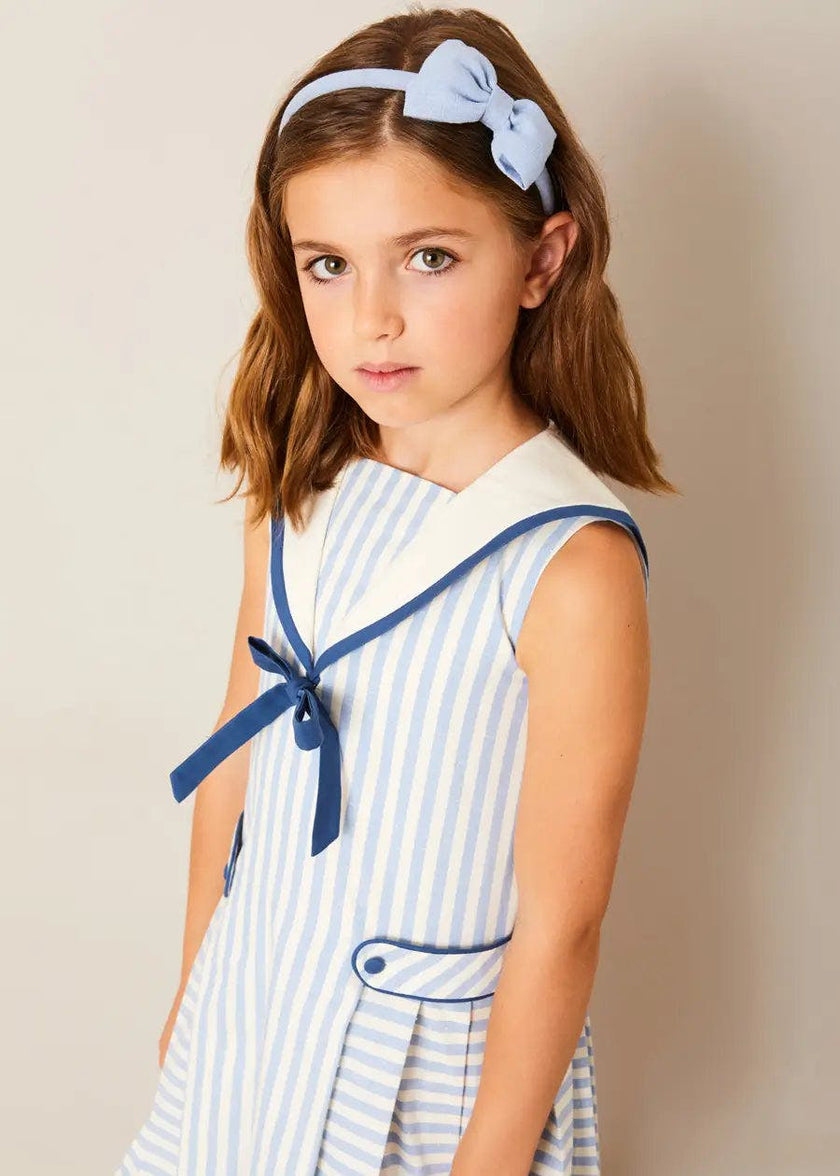 Regency Striped Mariner Collar Pleated Sleeveless Dress in Blue (12mths-10yrs)