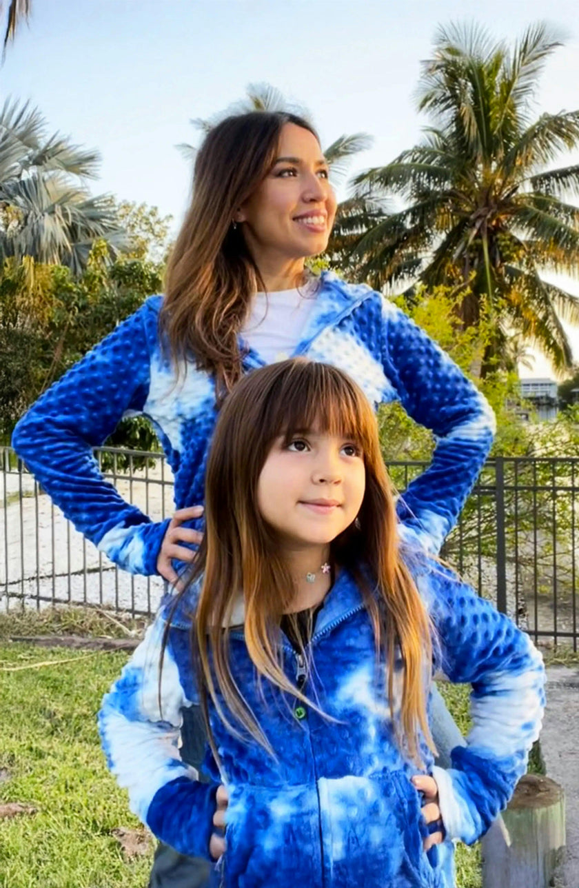 Ladies Minky Bubble Zip Hoodie - Blue Tie Dye