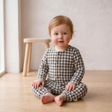 Organic Long Sleeve Button Romper - Charcoal Plaid