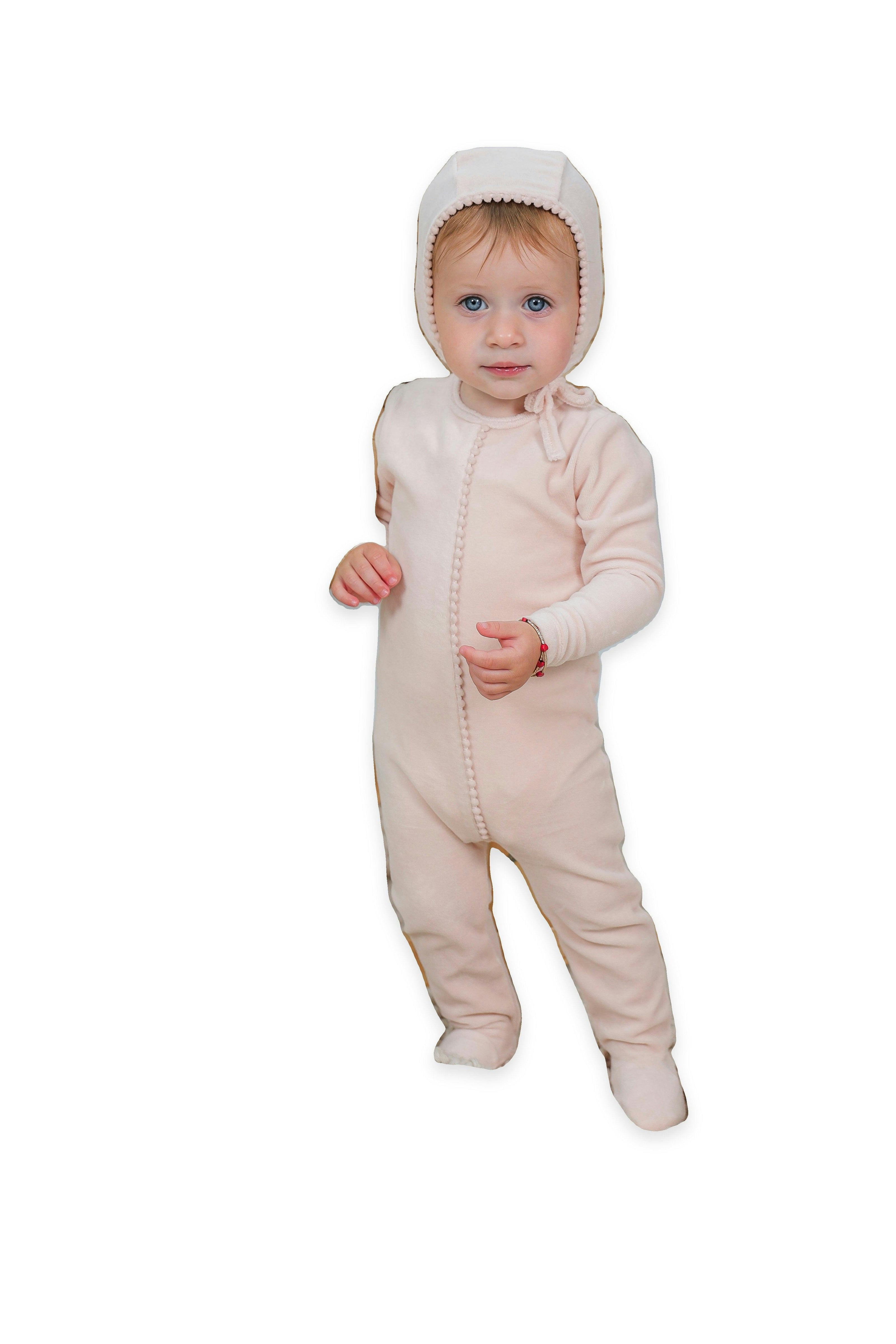 Pompom Snap Front Velour Romper and Bonnet Two Piece Set