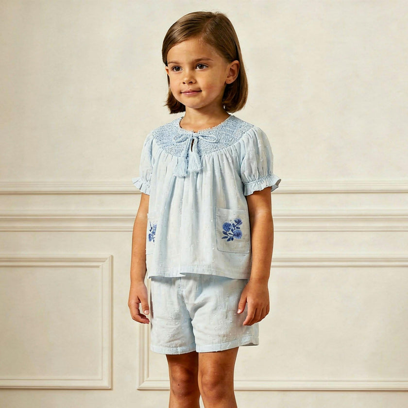 Organic Smocked Top & Shorts Set - Light Blue