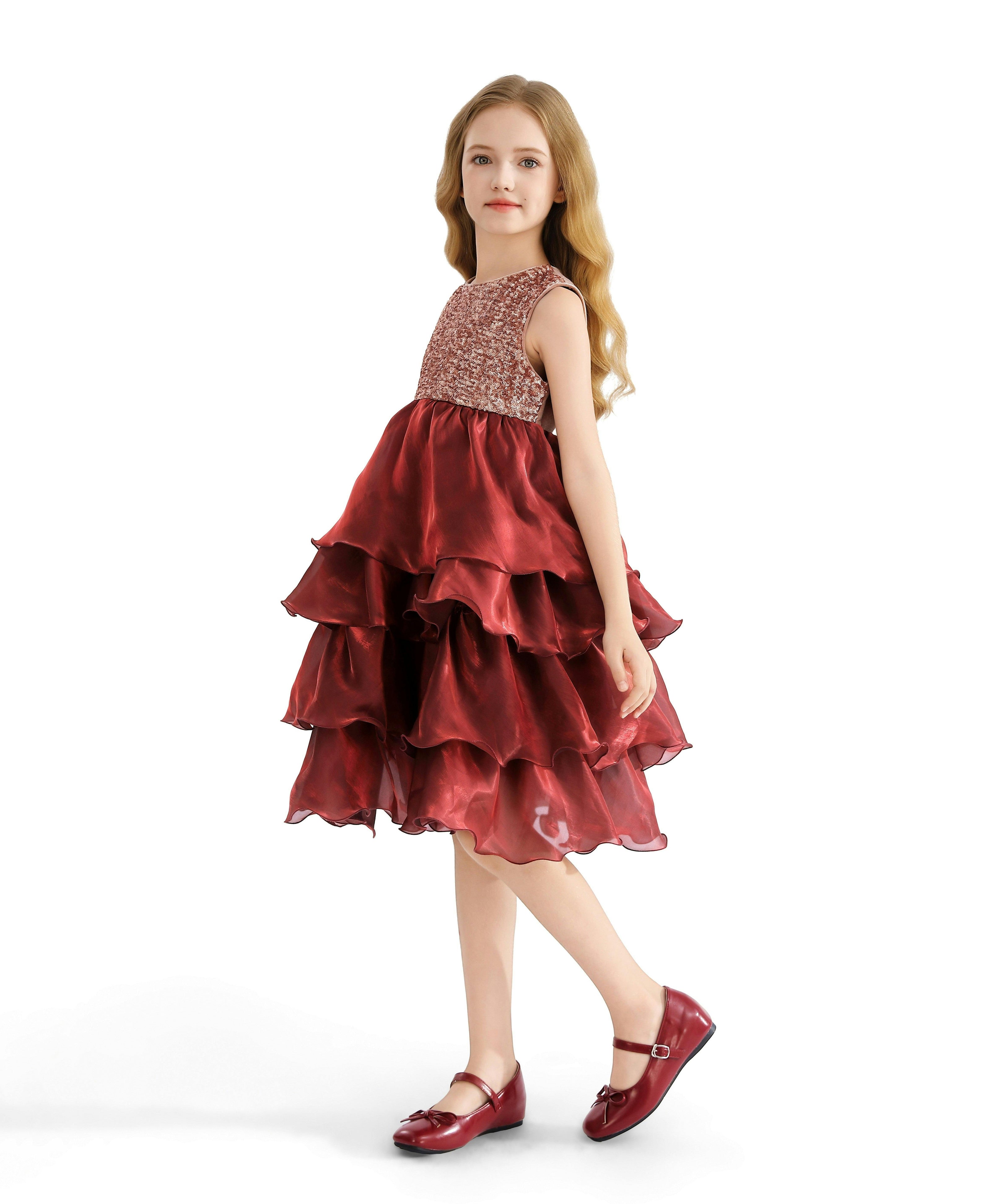 Red Tiered Satin Party Dress