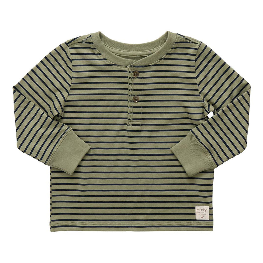 Scout Long Sleeve Henley T-Shirt, Olive Green Mini Stripe