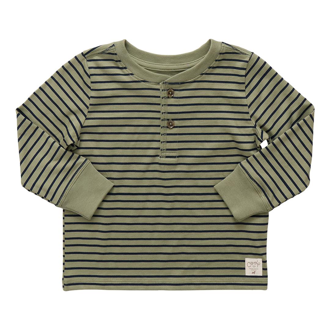 Scout Long Sleeve Henley T-Shirt, Olive Green Mini Stripe