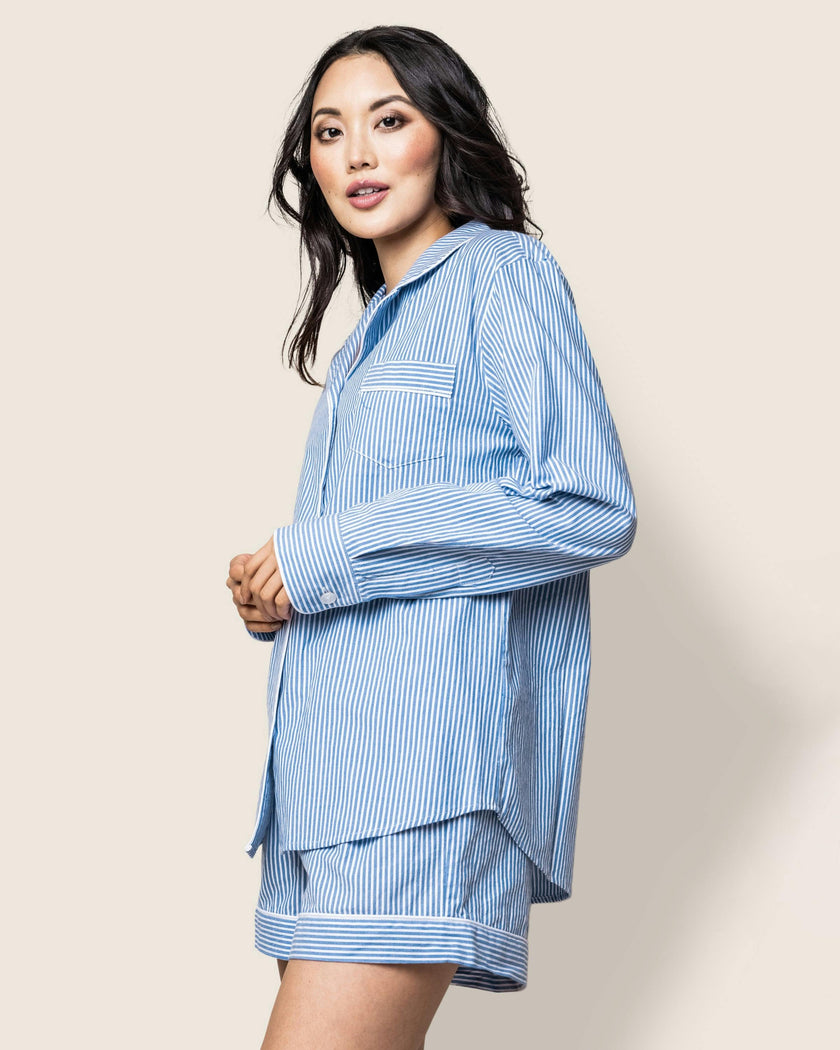 Women's Twill Long Sleeve Short Set in French Blue Heritage Stripe
