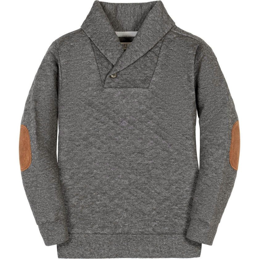 Long Sleeve Quilted Shawl Collar Sweatshirt with Elbow Patches, Grey