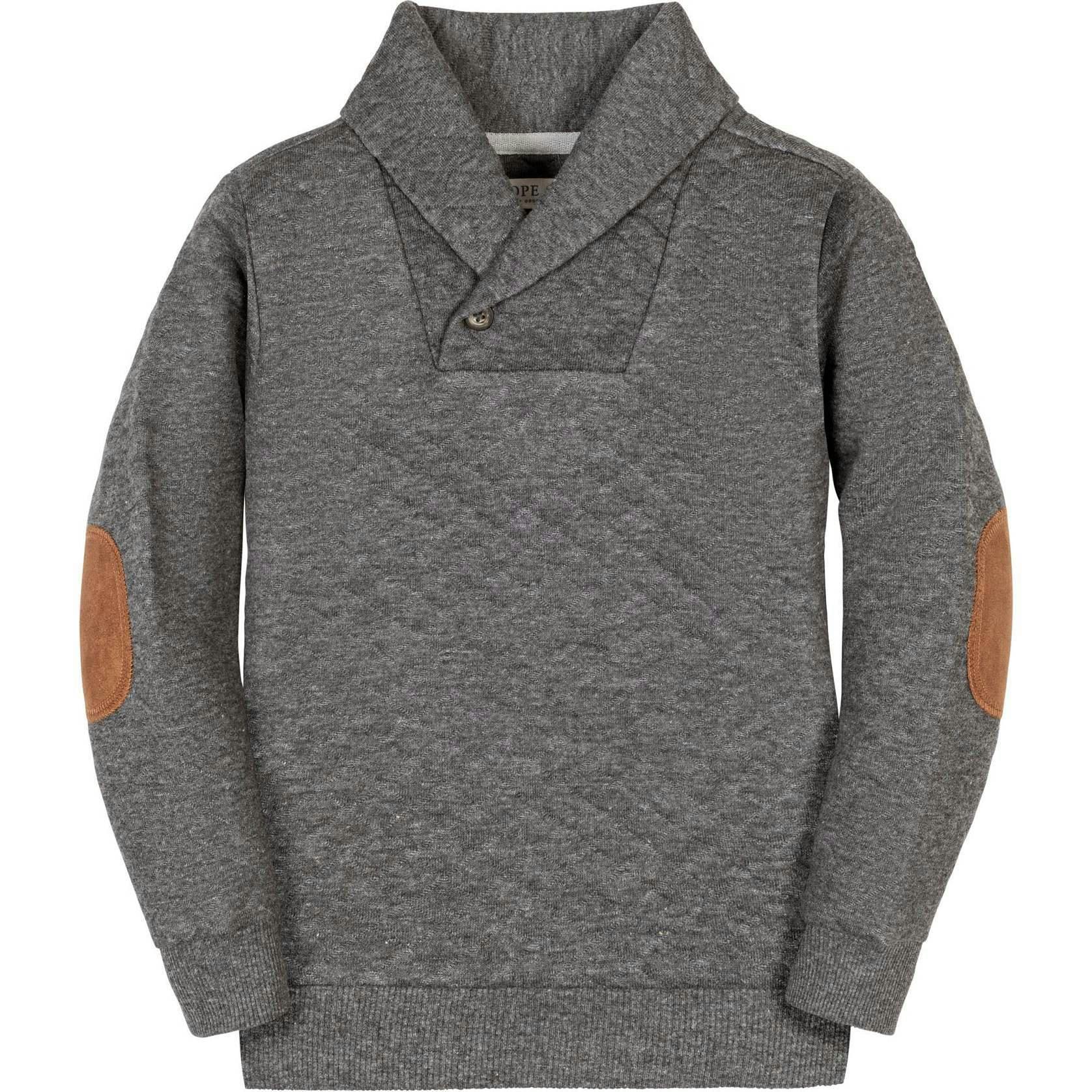 Long Sleeve Quilted Shawl Collar Sweatshirt with Elbow Patches, Grey