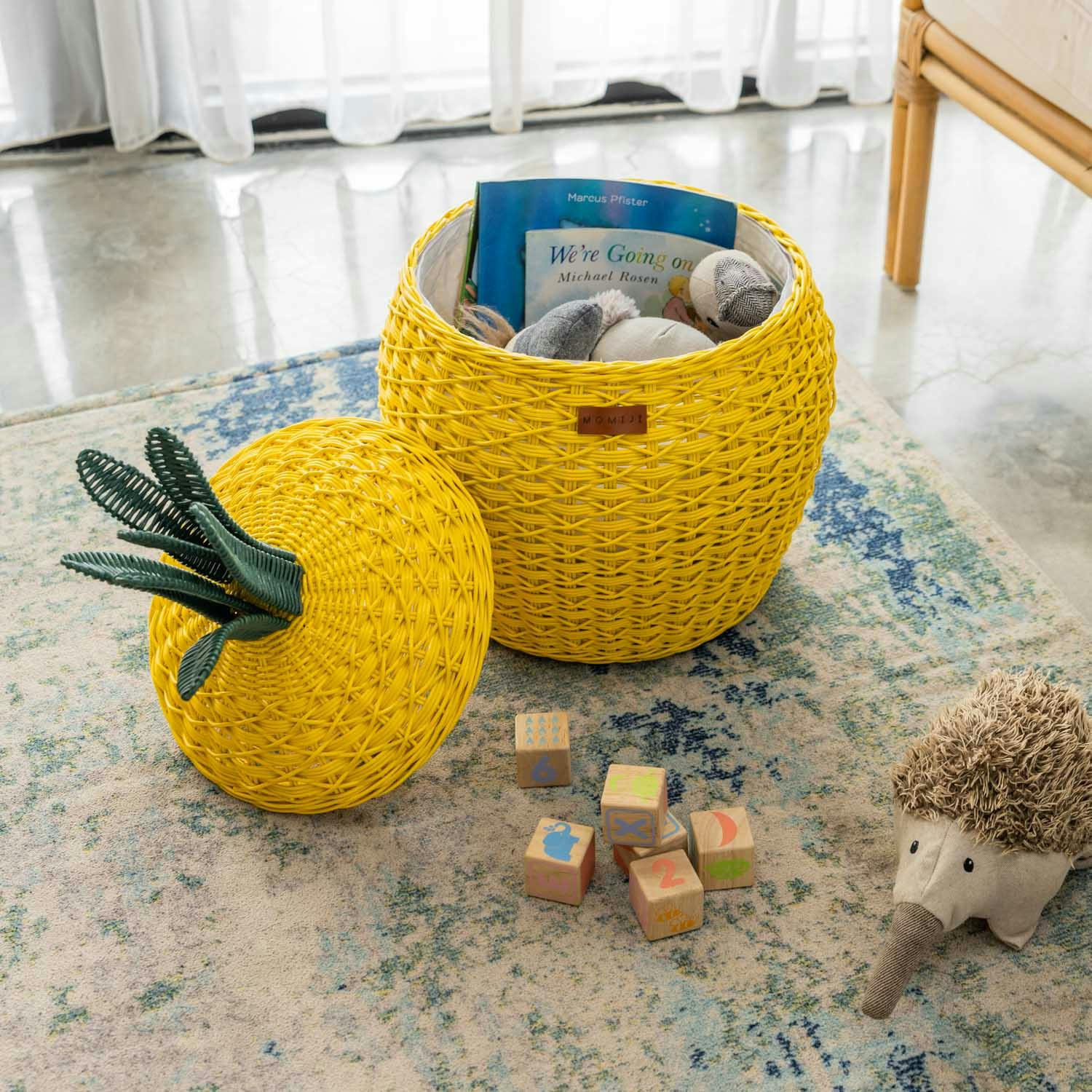 Handcrafted - Pineapple Storage Basket Yellow (Medium) - Rattan Wicker