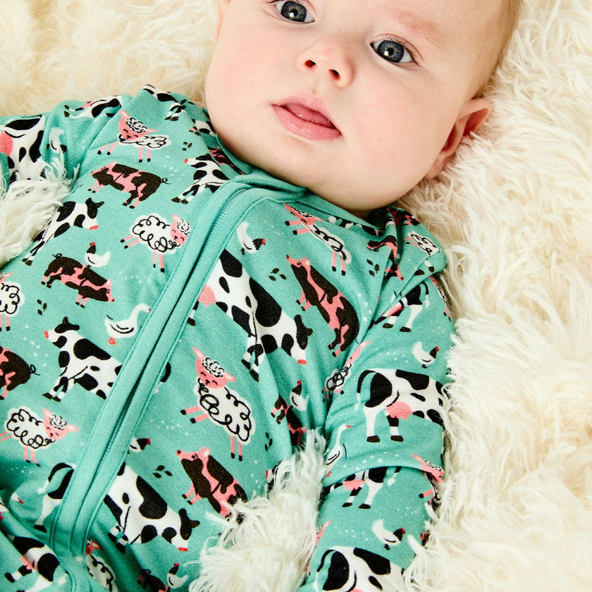 Soft & Stretchy Zipper Footie - Farm Friends