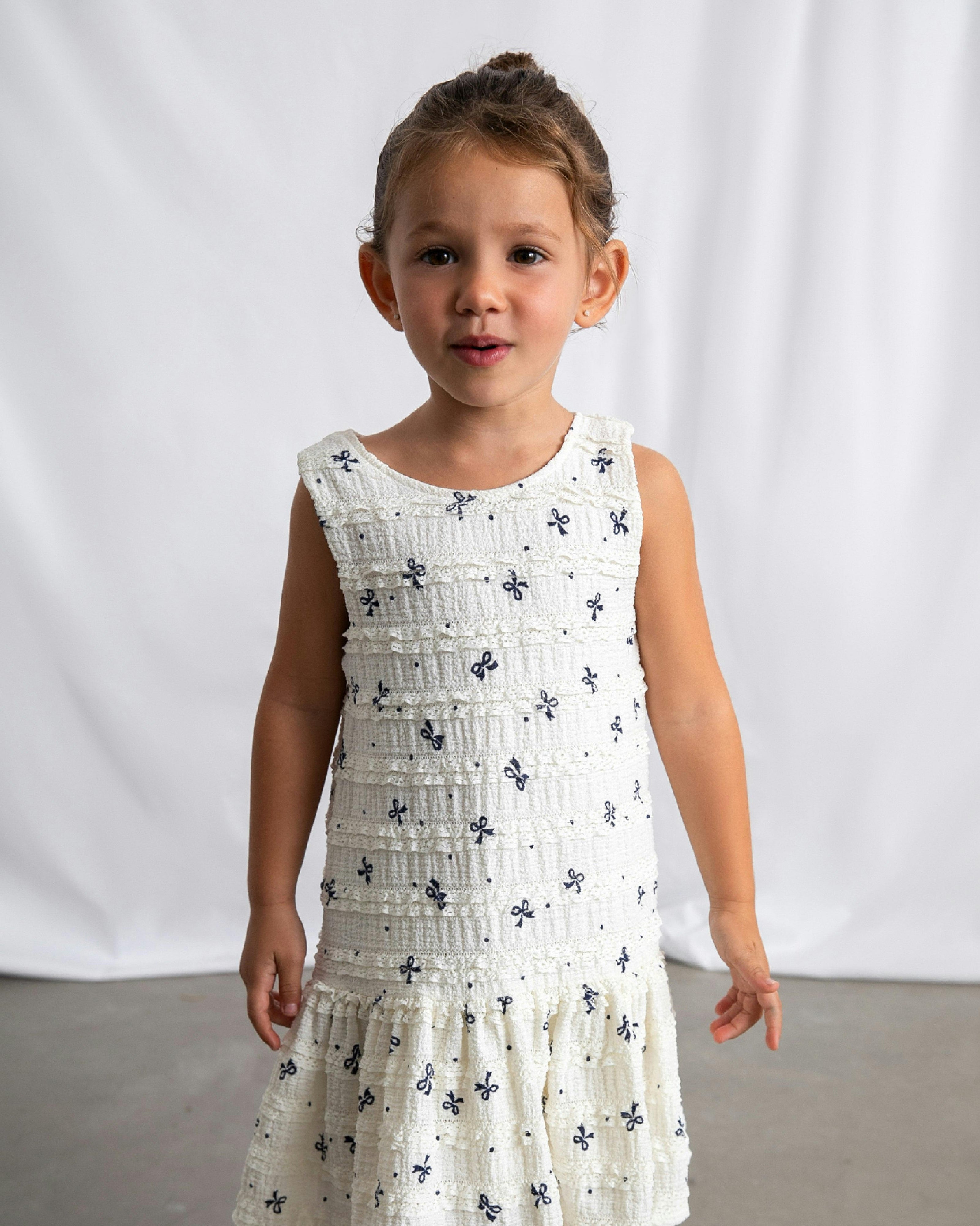 White Bow-Pattern Drop-Waist Dress