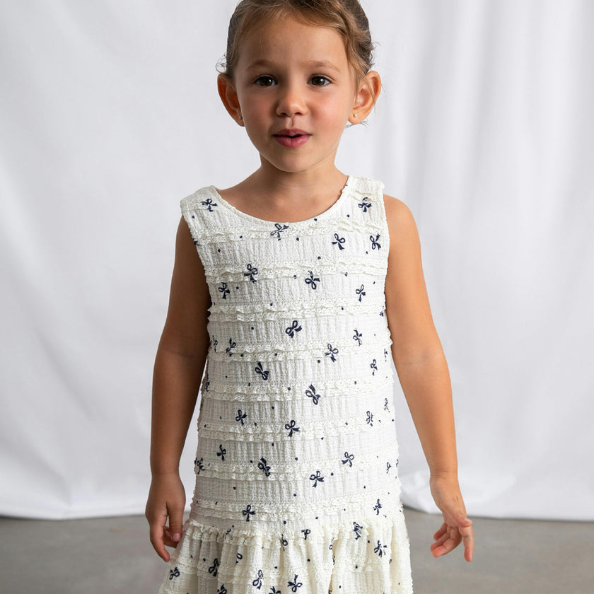 White Bow-Pattern Drop-Waist Dress
