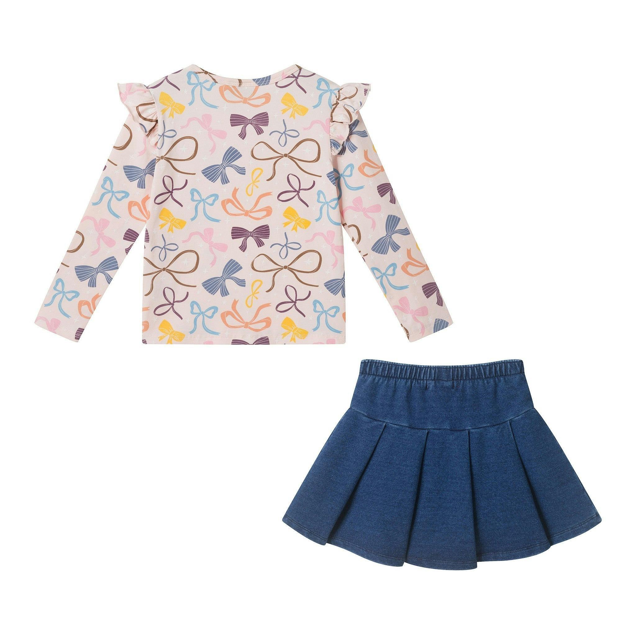Girls Bow Print Top & Pleated Denim Skirt Set | Multi Bows - Pink
