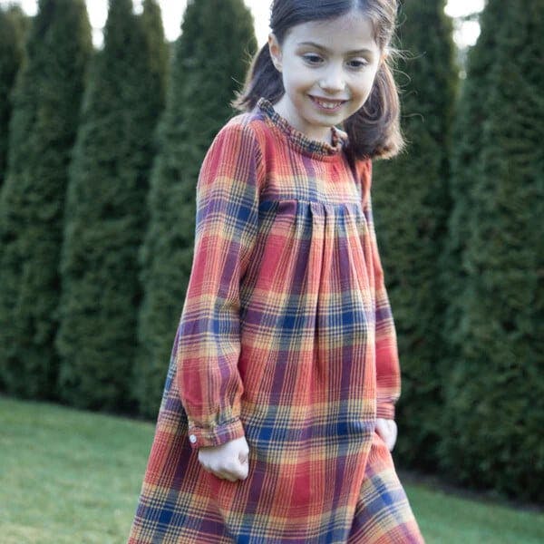 Girls' Long Sleeve Ruffle Neck Plaid Dress