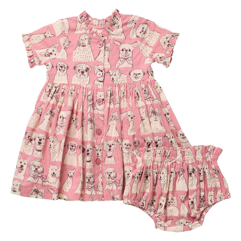 Baby Girls Autumn Dress Set - Pink Sketched Dogs