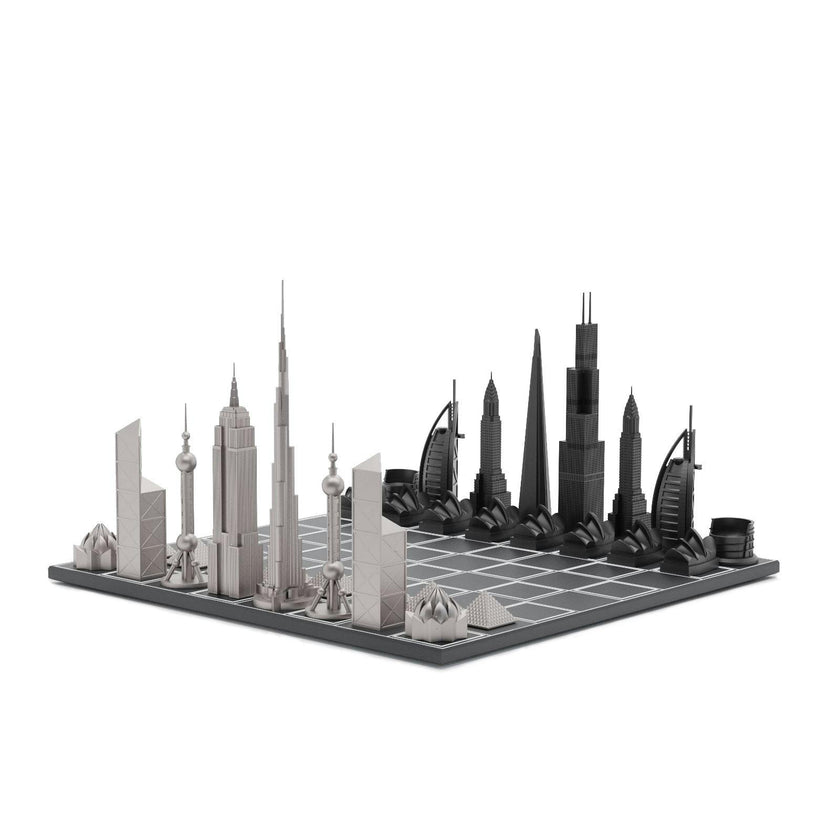 Chess Set Stainless Steel WORLD ICONS with Wooden Grid Board