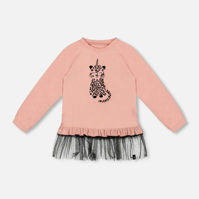 Long Bi-Material Top with Mesh Ruffle Hem and Leopard Print