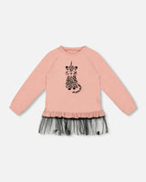 Long Bi-Material Top with Mesh Ruffle Hem and Leopard Print