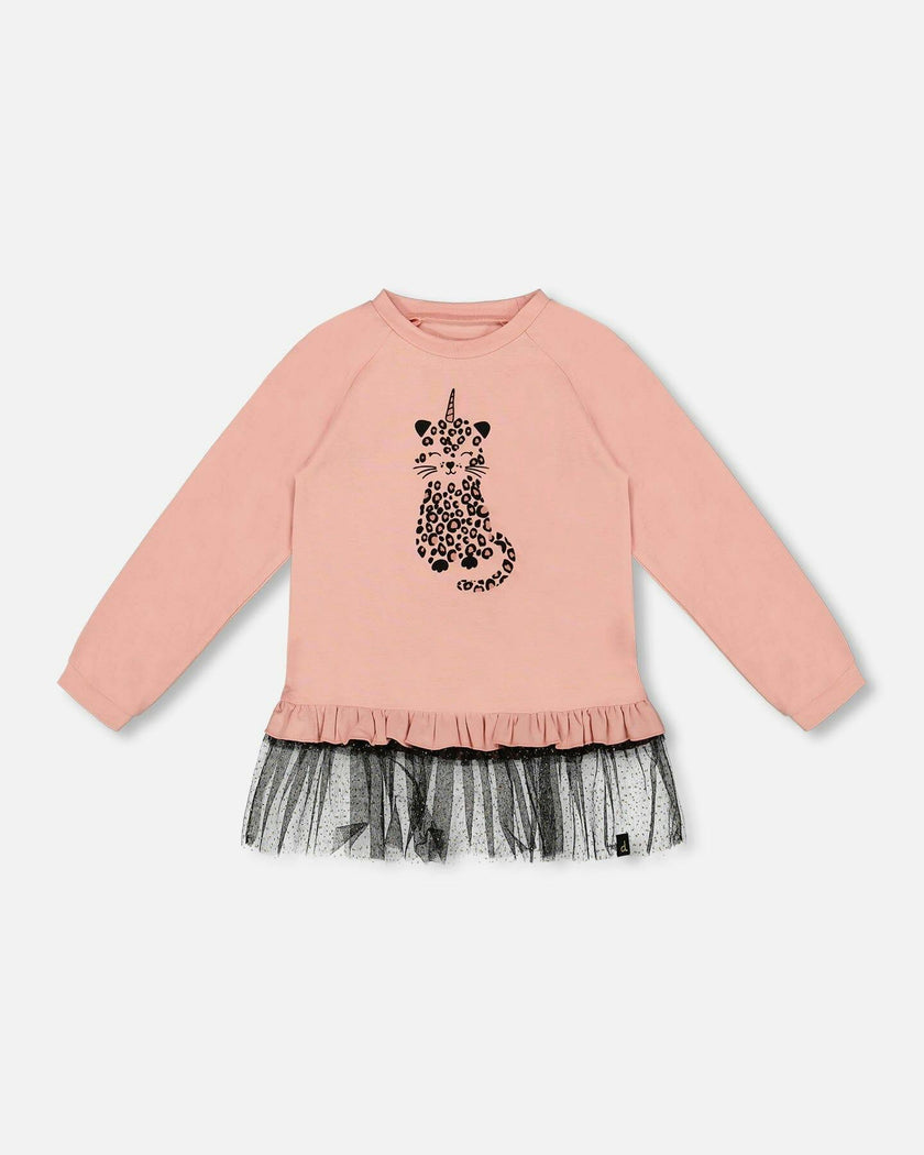 Long Bi-Material Top with Mesh Ruffle Hem and Leopard Print