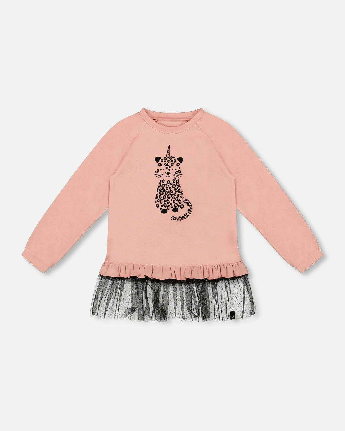 Long Bi-Material Top with Mesh Ruffle Hem and Leopard Print