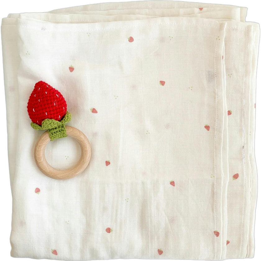 Strawberry Swaddle and Teether Set - Red Strawberry