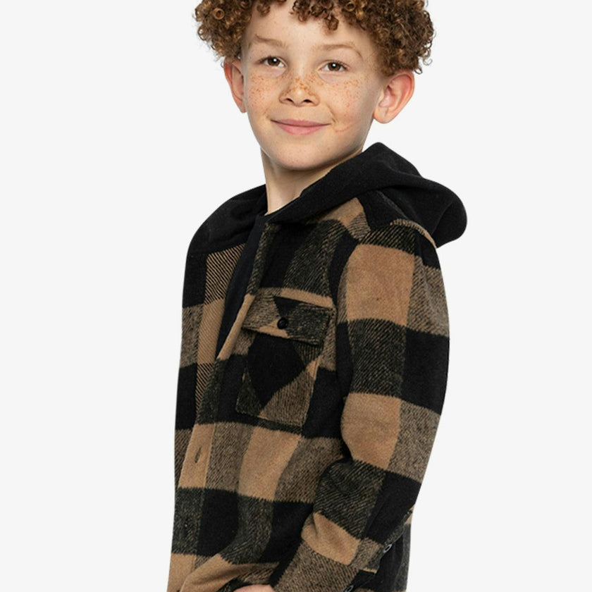 Flannel Shirt with Fleece Hood Brown and Black Plaid