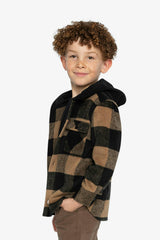 Flannel Shirt with Fleece Hood Brown and Black Plaid