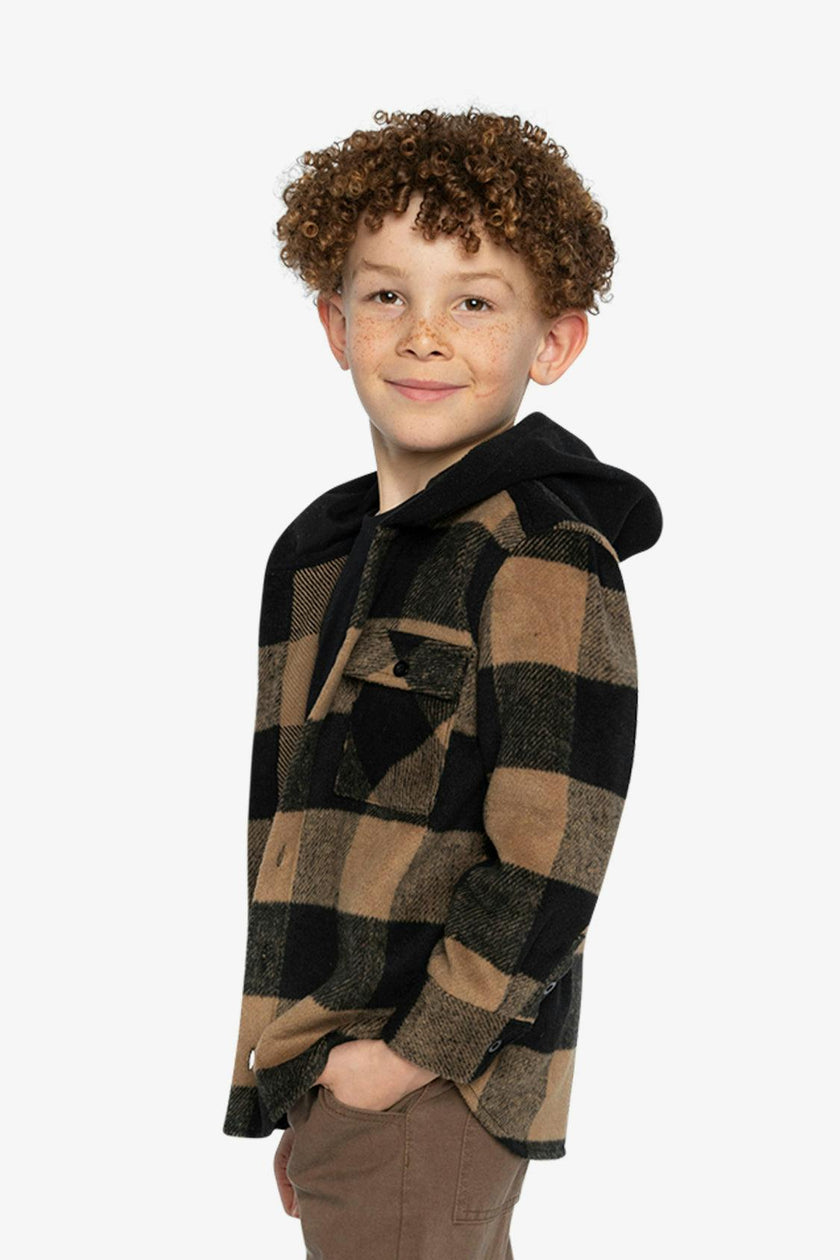 Flannel Shirt with Fleece Hood Brown and Black Plaid