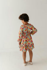 Girls Peasant Shirred Waist Dress in Cooper Painterly Floral