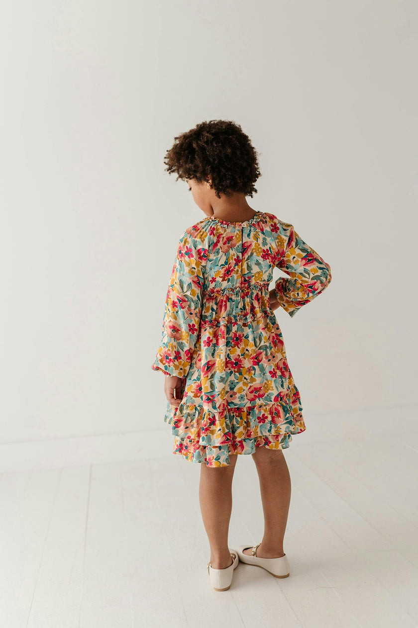 Girls Peasant Shirred Waist Dress in Cooper Painterly Floral