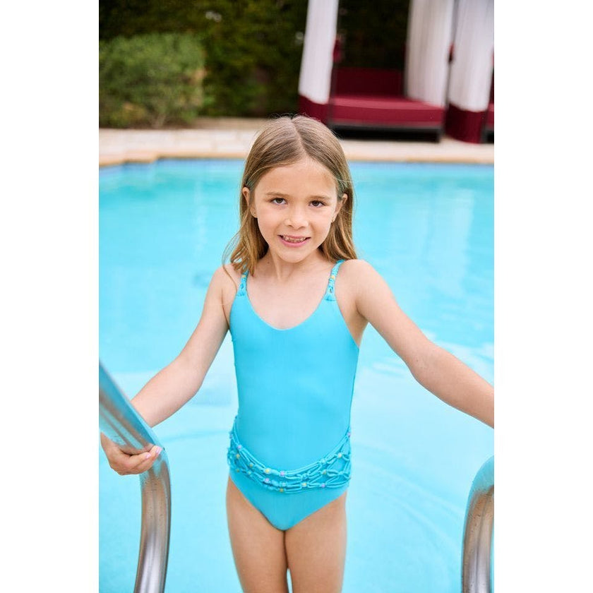 Little Beaded Waist Brynn One-Piece Swimsuit, Blue