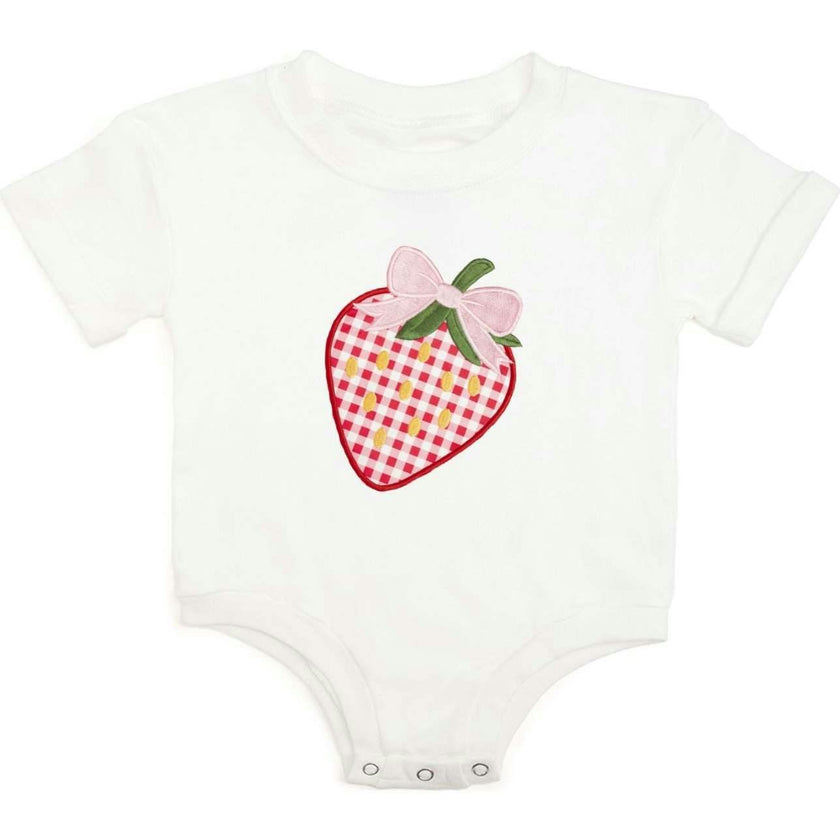 Strawberry Patchwork Short Sleeve Romper - White