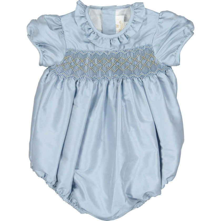 Astrid Blue Silk Smocked Baby Bubble