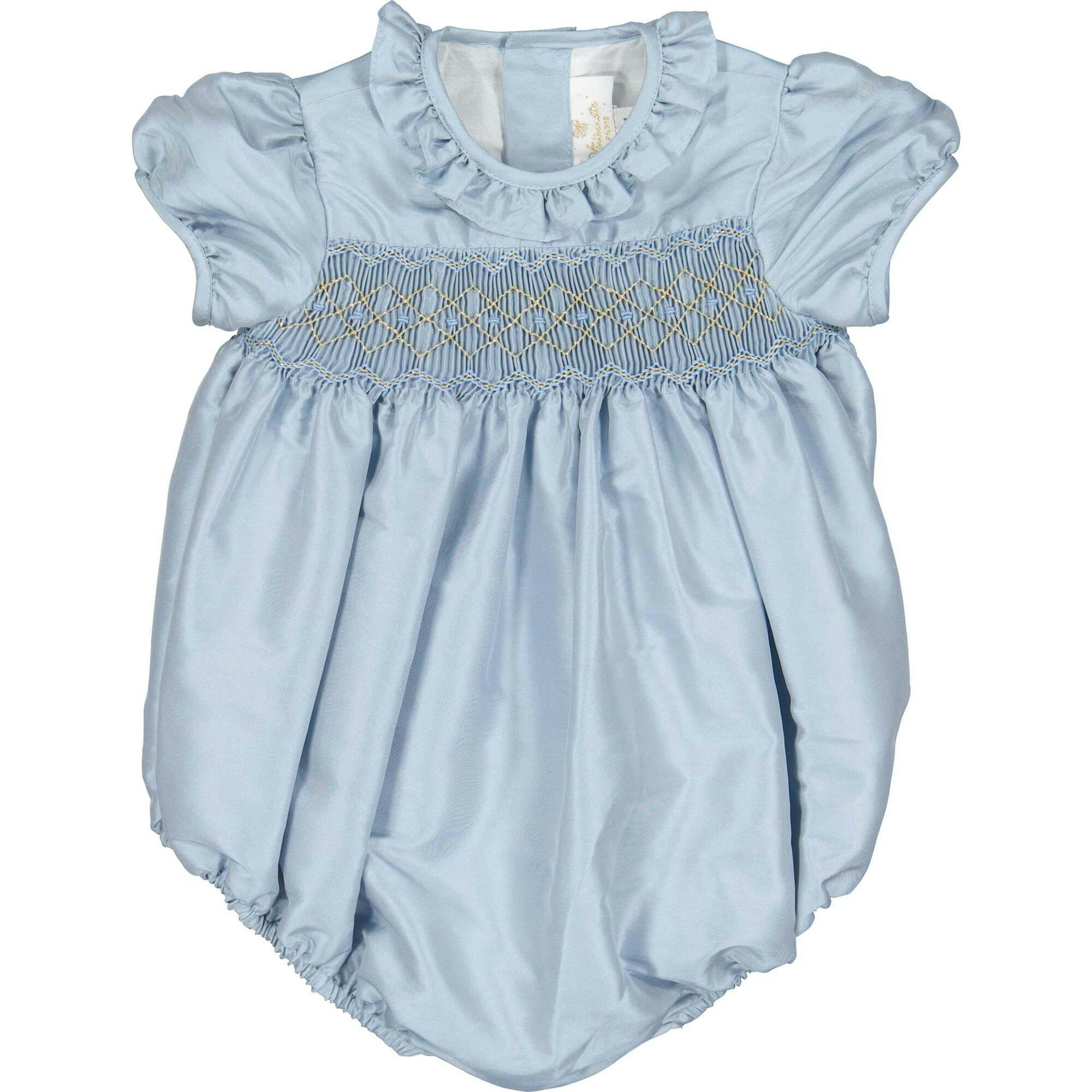 Astrid Blue Silk Smocked Baby Bubble