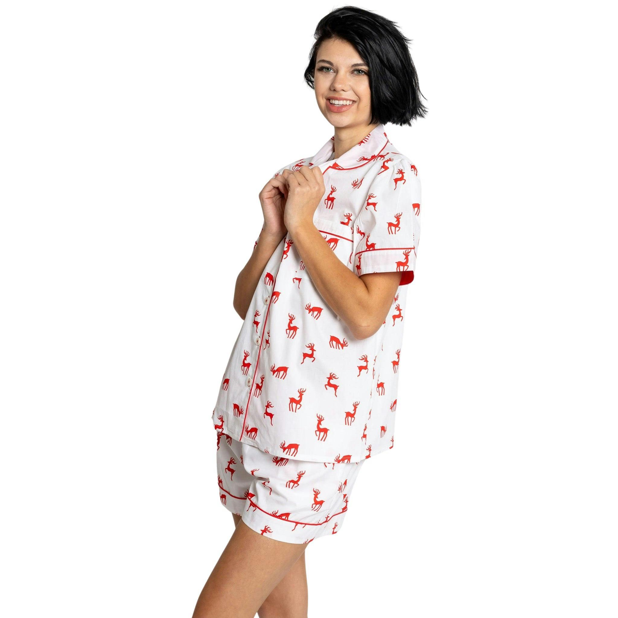 Women's Reindeer Red Short PJ Set - Organic Cotton Poplin