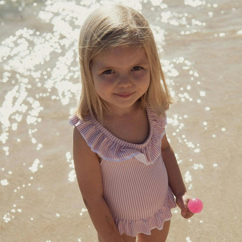 Girls' one-piece swimsuit with lilac ruffles | CANDY 1P